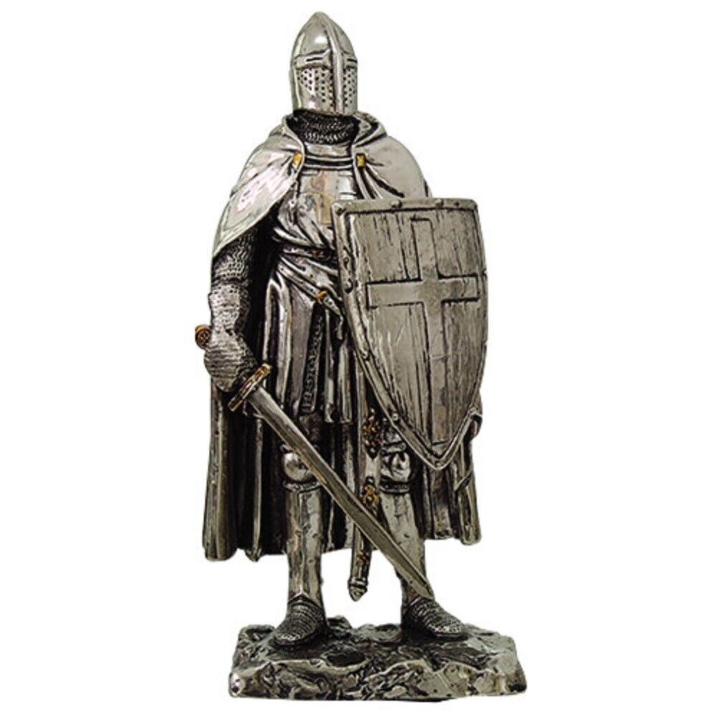 Crusader Knight Statue Silver Finishing Cold Cast Resin Statue Figurine 7 inch
