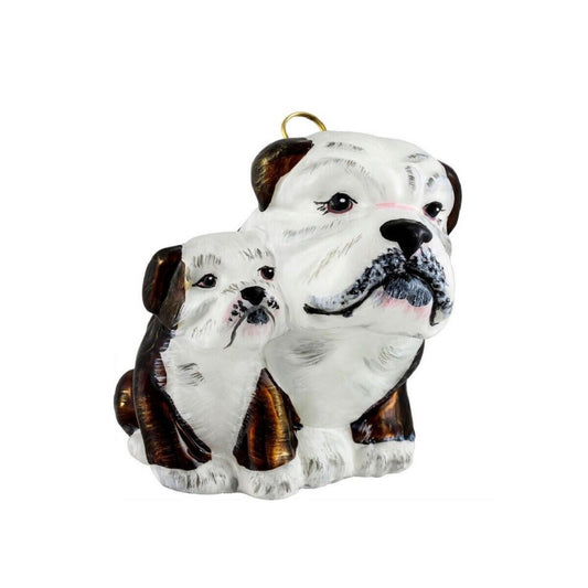 Joy to the World Brown and White Bulldog Mother with Puppy Polish Blown Glass Christmas Ornament