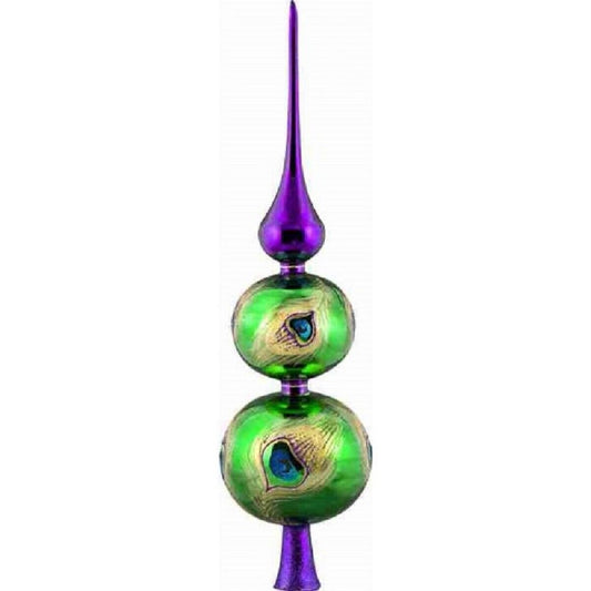 Joy to the World Peacock Finial Polish Glass Christmas Tree Topper 16 inch