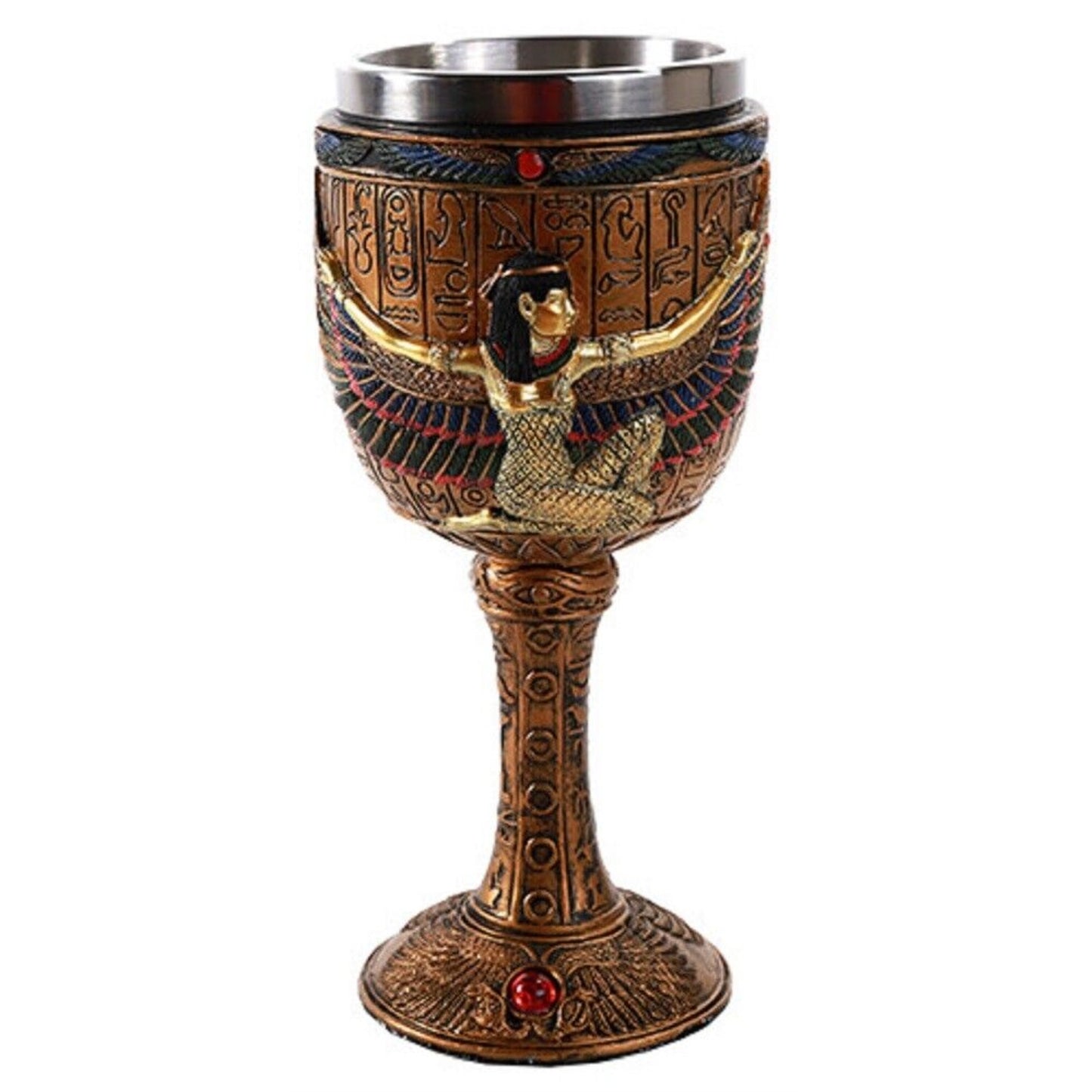 Ancient Egyptian Goddess Isis Wine Goblet Chalice Egypt Resin Body Stainless Steel Cup 6 ounce