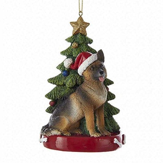 Kurt Adler German Shepherd Dog Wearing Santa Hat with Christmas Tree Resin Ornament 4.25 inch