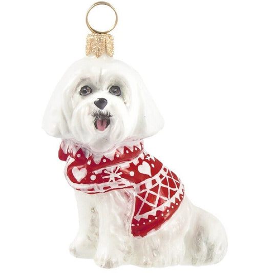 Joy to the World Maltese in Nordic Sweater Dog Polish Glass Christmas Tree Ornament Decoration