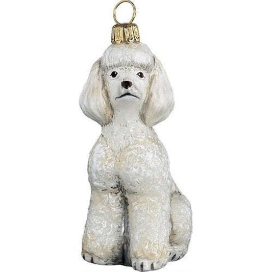 Joy to the World White Toy Poodle Dog Polish Blown Glass Christmas Ornament Holiday Decoration