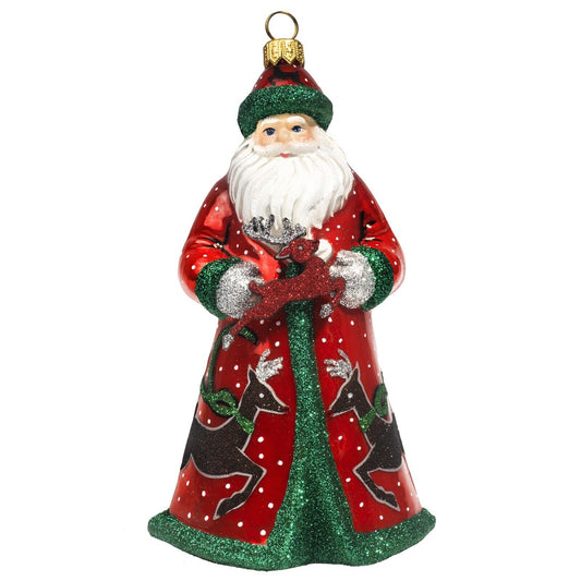 Joy to the World Glitterazzi Red Green and Silver Reindeer Santa Polish Glass Christmas Ornament