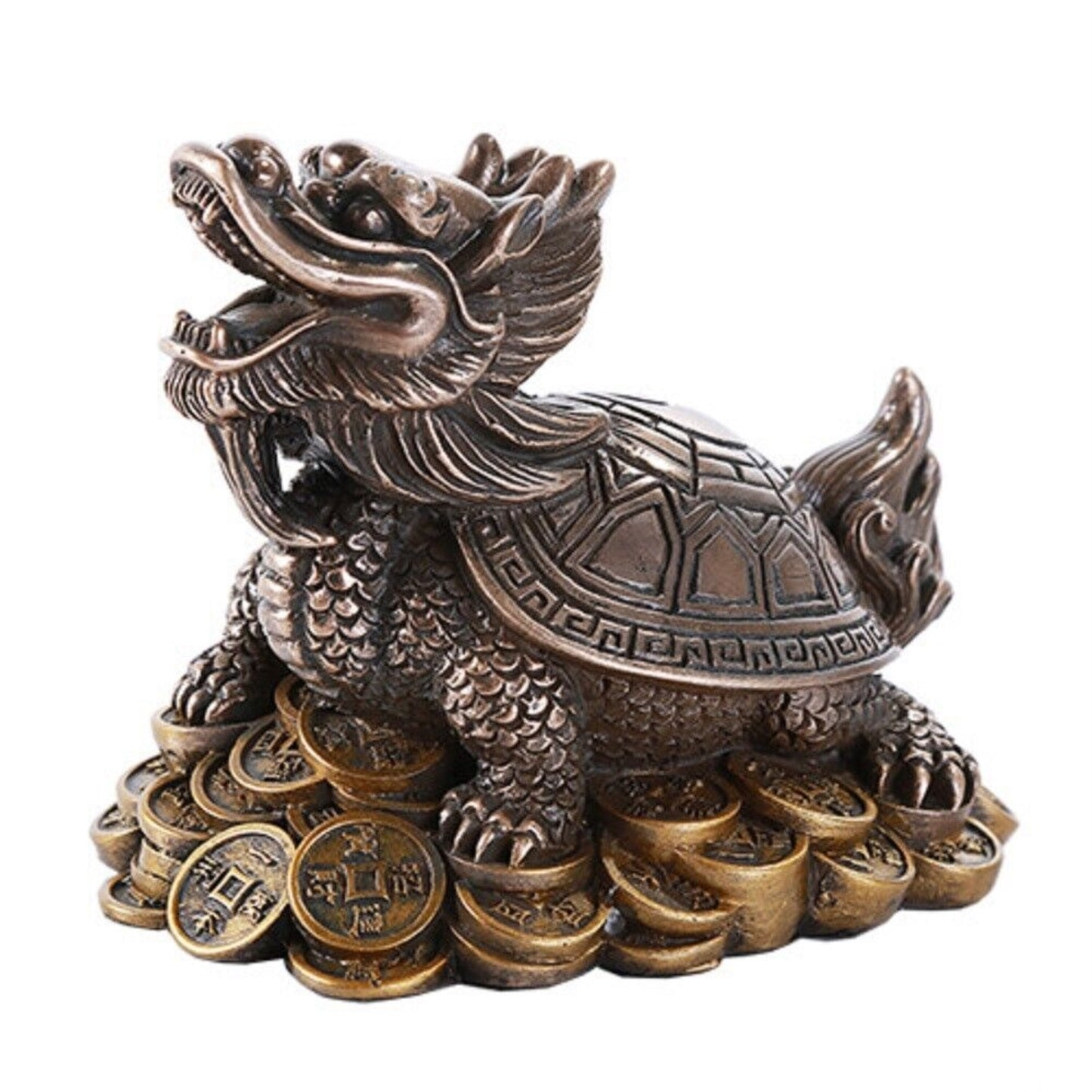 Fengshui Turtle with Coins Bronze Color Figurine 4 Inch