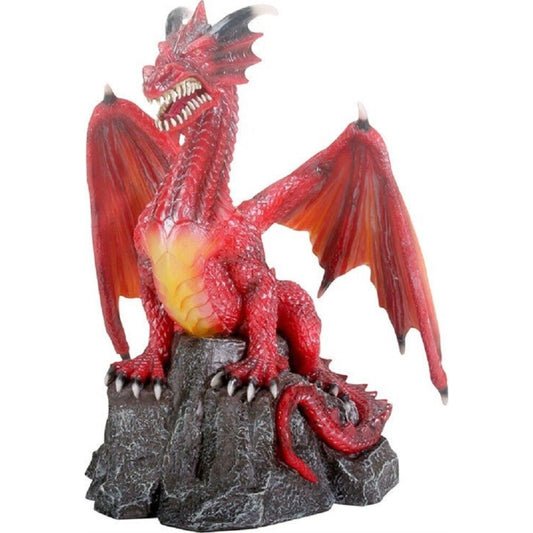 Red Dragon Standing on Rock Fantasy Statue Figurine Mythical Decoration