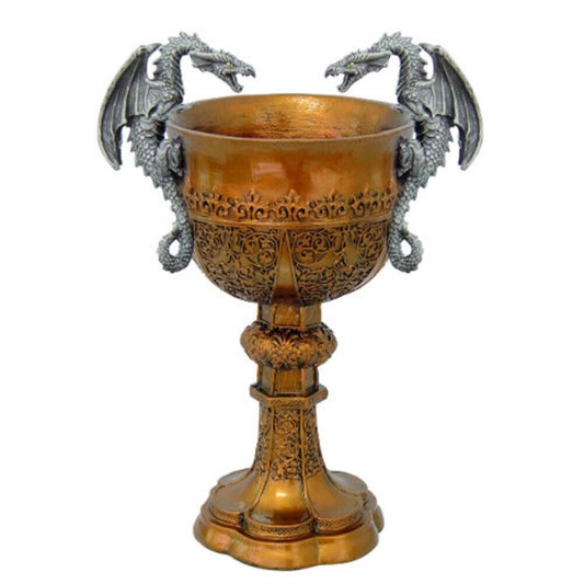 King Arthur's Fantasy Golden Chalice With Dual Dragon Wine Goblet Sculptural Decor