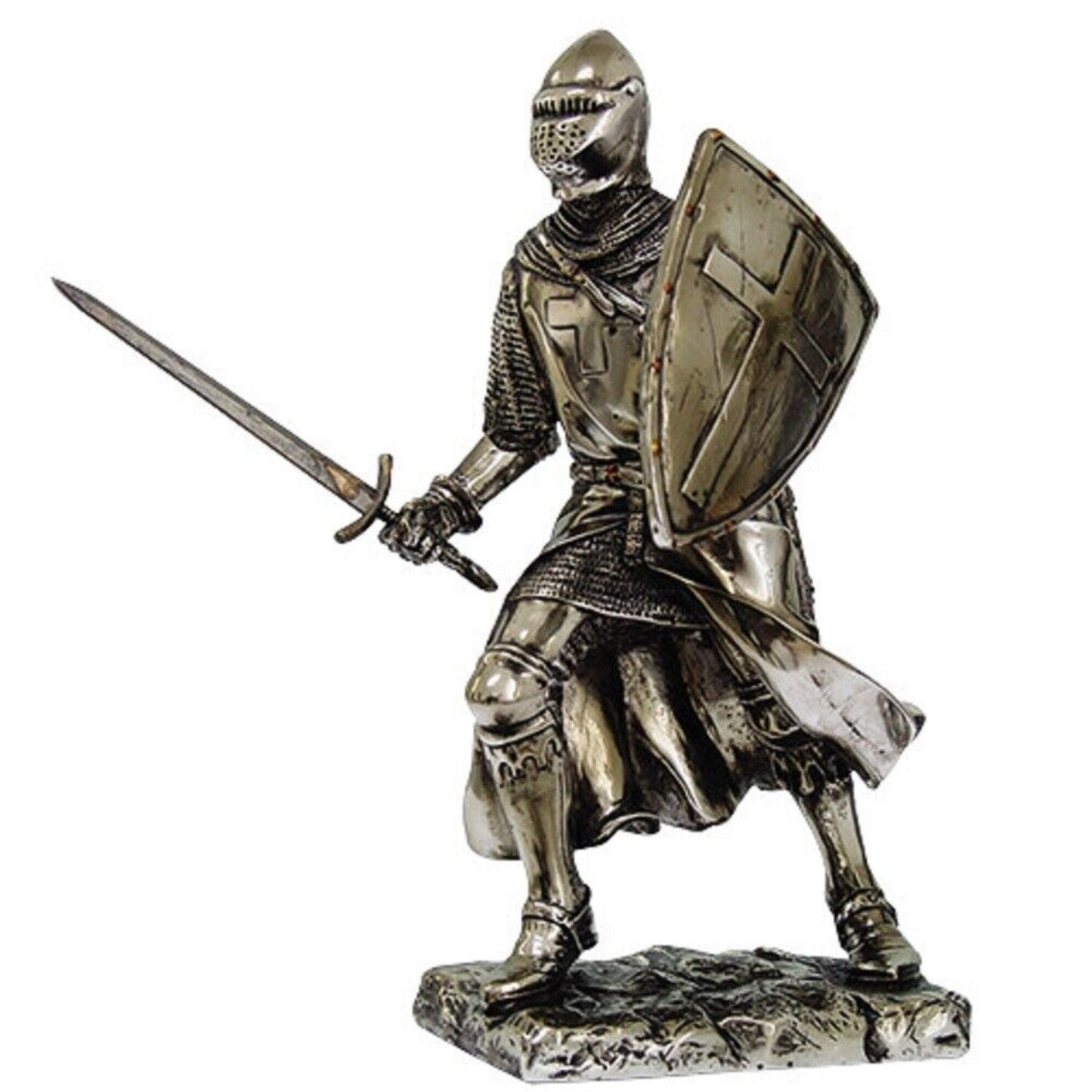 Crusader Knight Statue Silver Finishing Cold Cast Resin Statue Figurine 7 inch