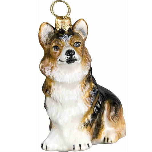 Joy to the World Sitting Tri Color Pembroke Welsh Corgi Polish Glass Christmas Tree Ornament