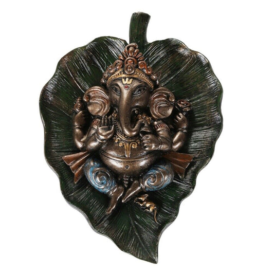 Ganesha On Brown Peepal Leaf Figurine Hindu God Deity Remover of Obstacles 6 inch