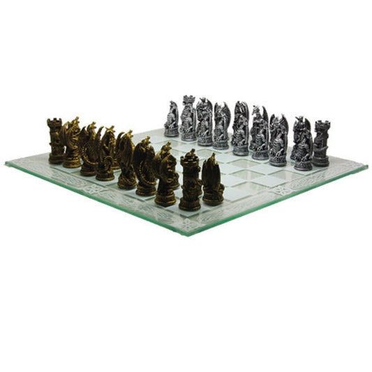 Fantasy Dragon Chess Set with Glass Game Board 17 x 17 inch