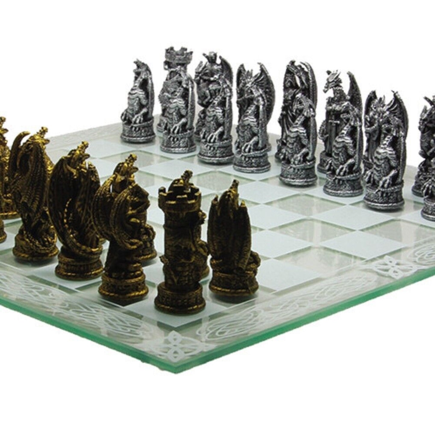 Fantasy Dragon Chess Set with Glass Game Board 17 x 17 inch