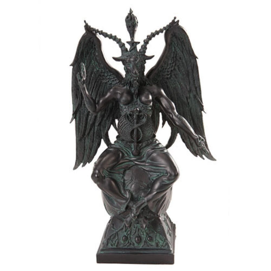 Large Baphomet On Pedestal in Faux Stone Finish Statue Figurine 9.75 x 15 inch