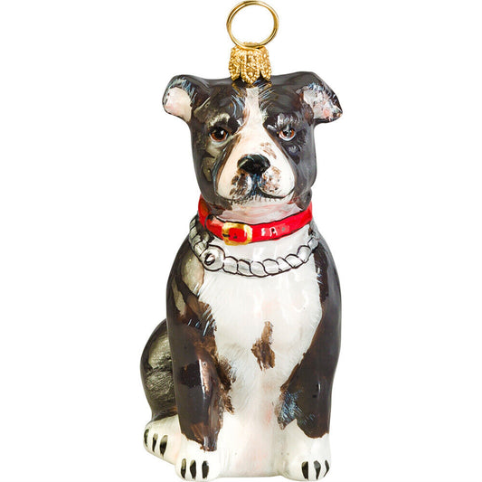 Joy to the World American Staffordshire Terrier Black and White Glass Polish Christmas Ornament