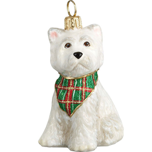 Joy to the World West Highland Terrier Westie Puppy with Tartan Bandana Polish Glass Ornament