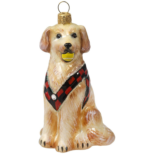 Joy to the World Golden Retriever with Tennis Ball Polish Glass Christmas Ornament