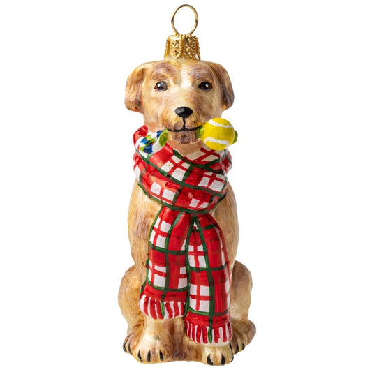 Joy to the World Yellow Lab with Bushy Scarf and Chew Toy Polish Glass Ornament