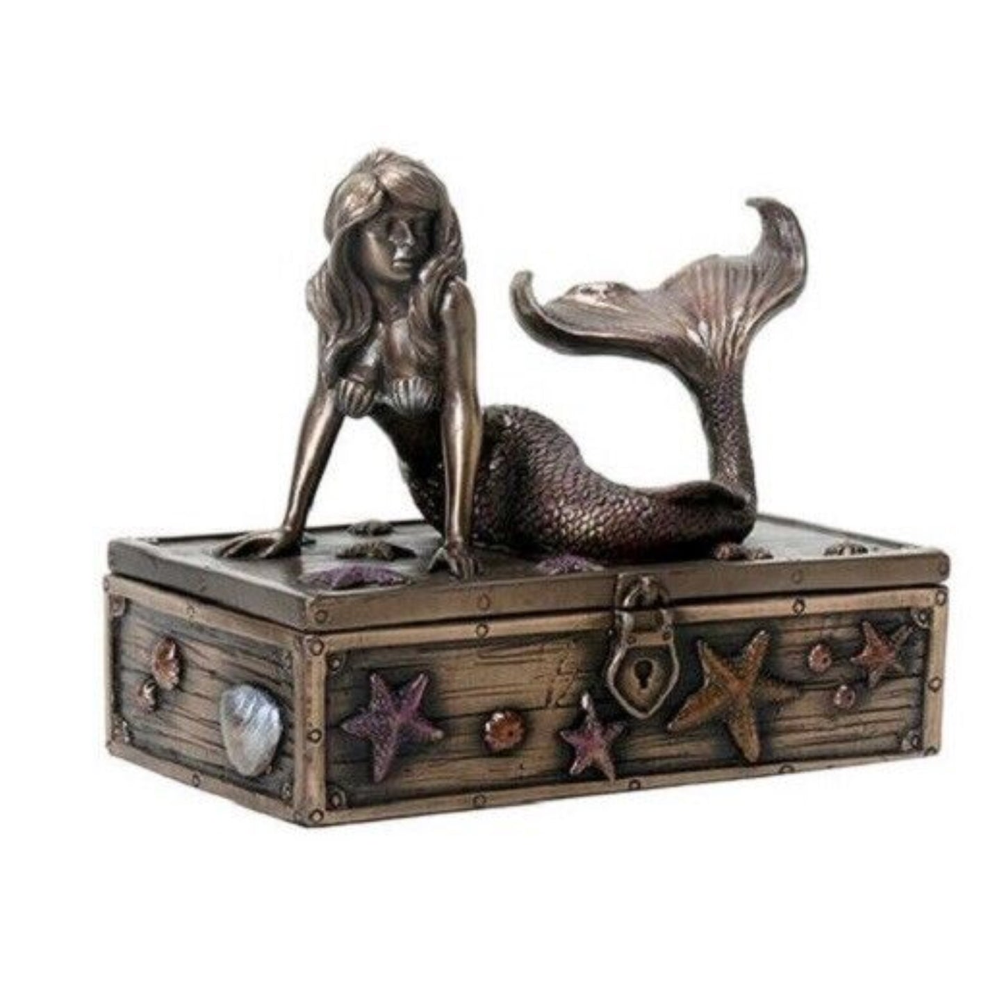Mermaid on Seashell and Starfish Treasure Box Jewelry Trinket Keepsake Box 5.25 x 4.25 inch