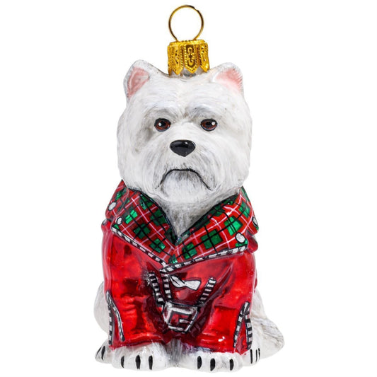 Joy to the World Westie in Red Motorcycle Jacket Polish Glass Christmas Ornament