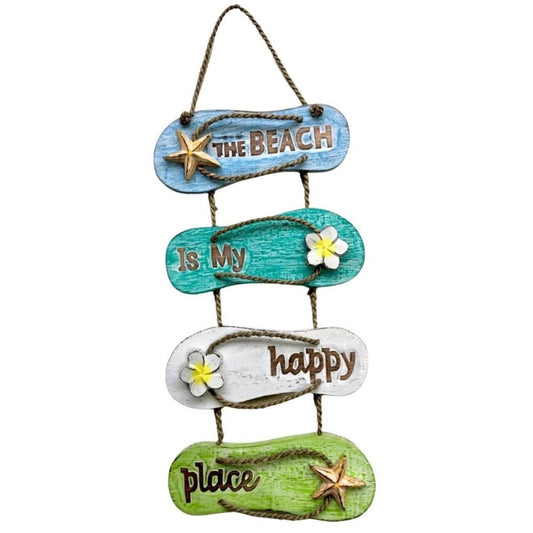 The Beach is My Happy Place Sandals Wood Sign Multicolor Beach House Decor 22 inch