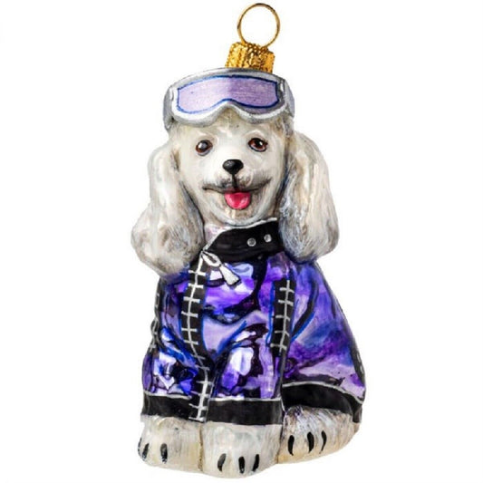 Joy to the World White Poodle in Metallic Ski Jacket Polish Glass Ornament