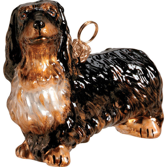 Joy to the World Dachshund Long Haired Black Dog Glass Polish Christmas Ornament Decoration