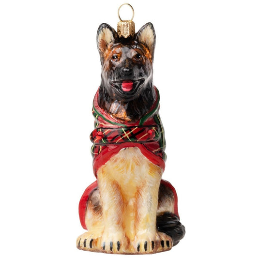 Joy to the World German Shepherd in Tartan Plaid Coat Polish Glass Tree Ornament