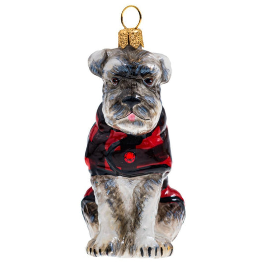 Joy to the World Gray Schnauzer in Buffalo Check Coat Polish Glass Tree Ornament