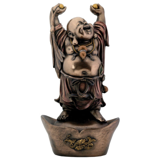 Chinese Zen Monk Happy Buddha Standing On Golden Nugget Statue Happiness Fortune 12.25 inch