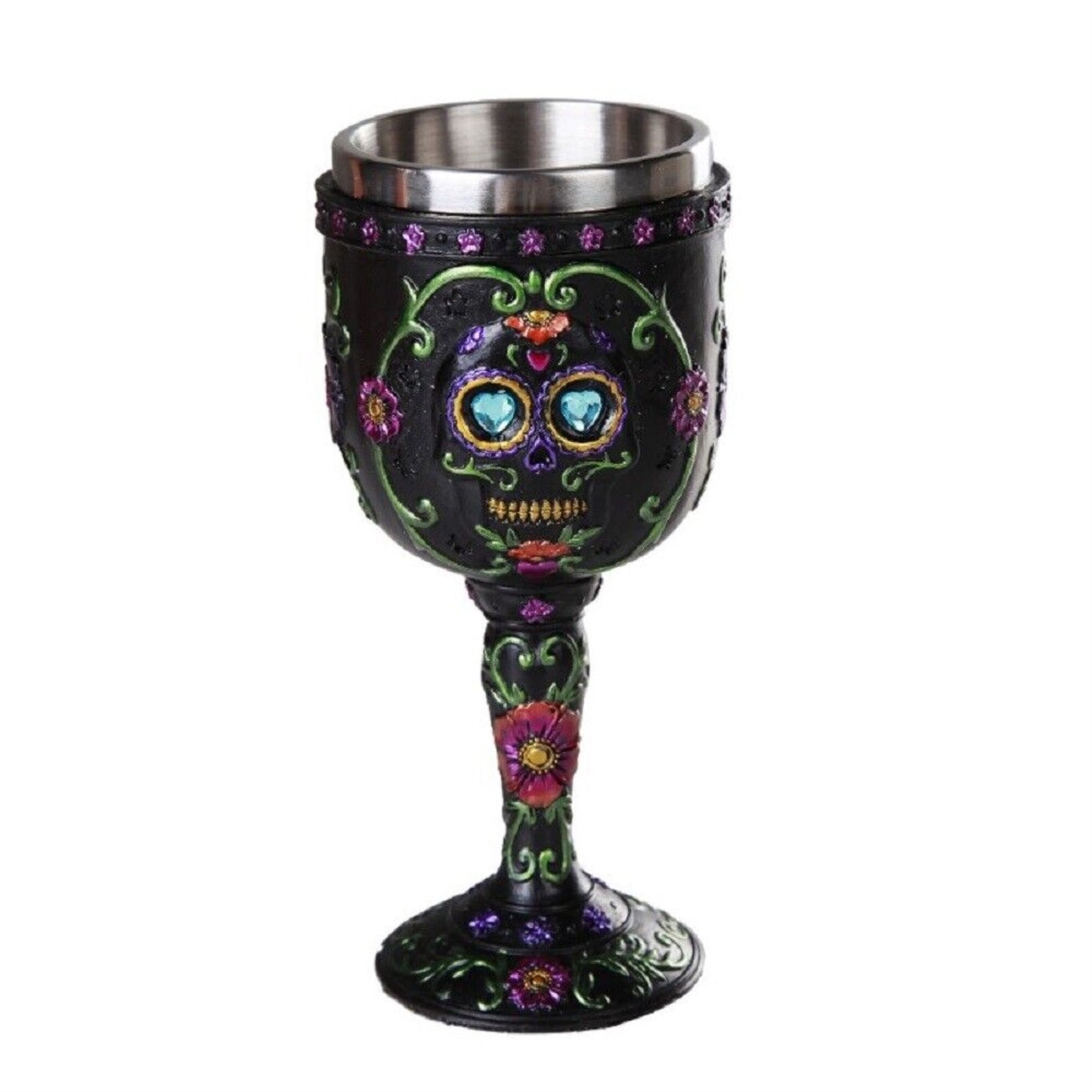 Day of the Dead Black Floral Sugar Skull Wine Goblet Chalice Cup Resin Body Stainless Steel Cup 7 ounce