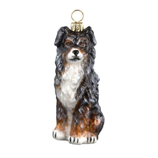 Joy to the World Blue Merle Australian Shepherd Dog Polish Blown Glass Christmas Ornament