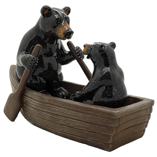 Western Rustic Black Bears Father and Son Family Rowing Canoe Boat Figurine