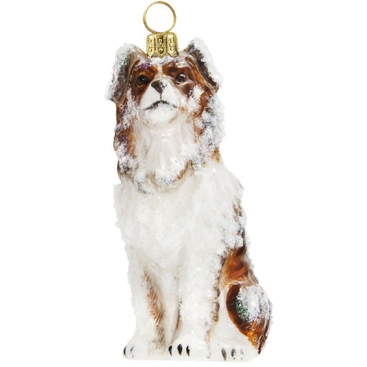 Joy to the World Snowy Australian Shepherd Sitting Polish Glass Christmas Tree Ornament Dog Pet