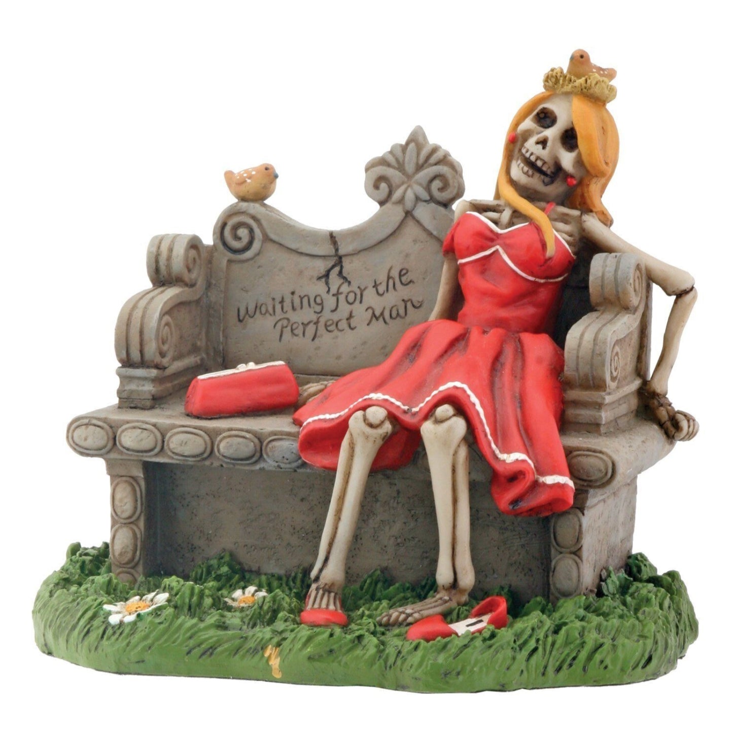 Waiting For the Perfect Man Skeleton Woman in Red Dress Halloween Figurine