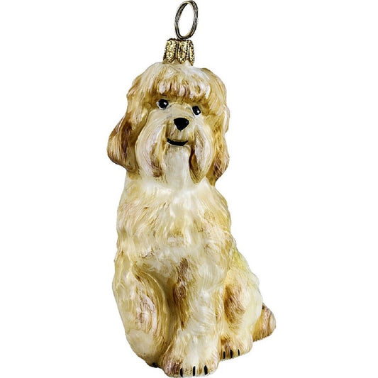 Joy to the World Sitting Yellow Labradoodle Dog Polish Glass Christmas Ornament Decoration