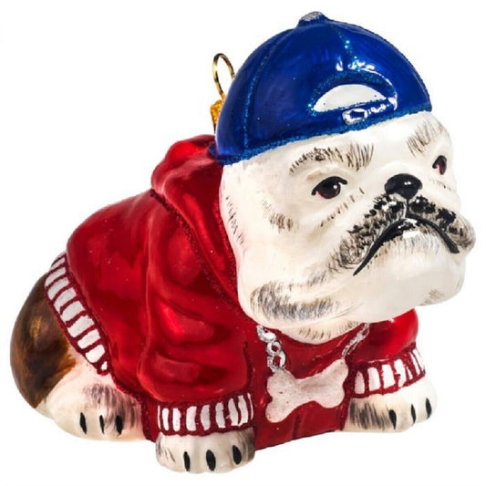 Joy to the World Bulldog Rapper with Reverse Ball Cap Polish Glass Dog Ornament