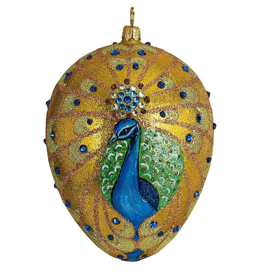 Joy to the World Glitterazzi Golden Peacock Jeweled Egg Polish Glass Christmas Tree Ornament