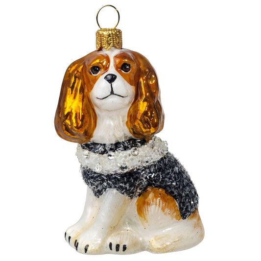 Joy to the World Blenheim Cavalier King Charles in Black and White Beaded Sweater Polish Ornament