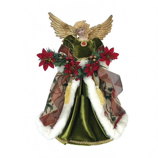 Santa's Workshop Green and Red Poinsettia Angel Christmas Tree Topper 16 Inch