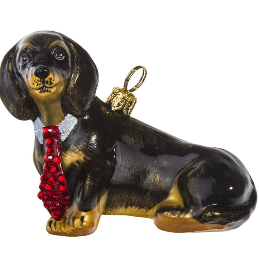 Joy to the World Black Dachshund with Crystal Tie Polish Glass Christmas Tree Ornament Pet Dog
