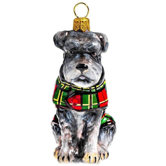 Joy to the World Schnauzer with Flop Ears in Tartan Plaid Coat Polish Glass Christmas Ornament
