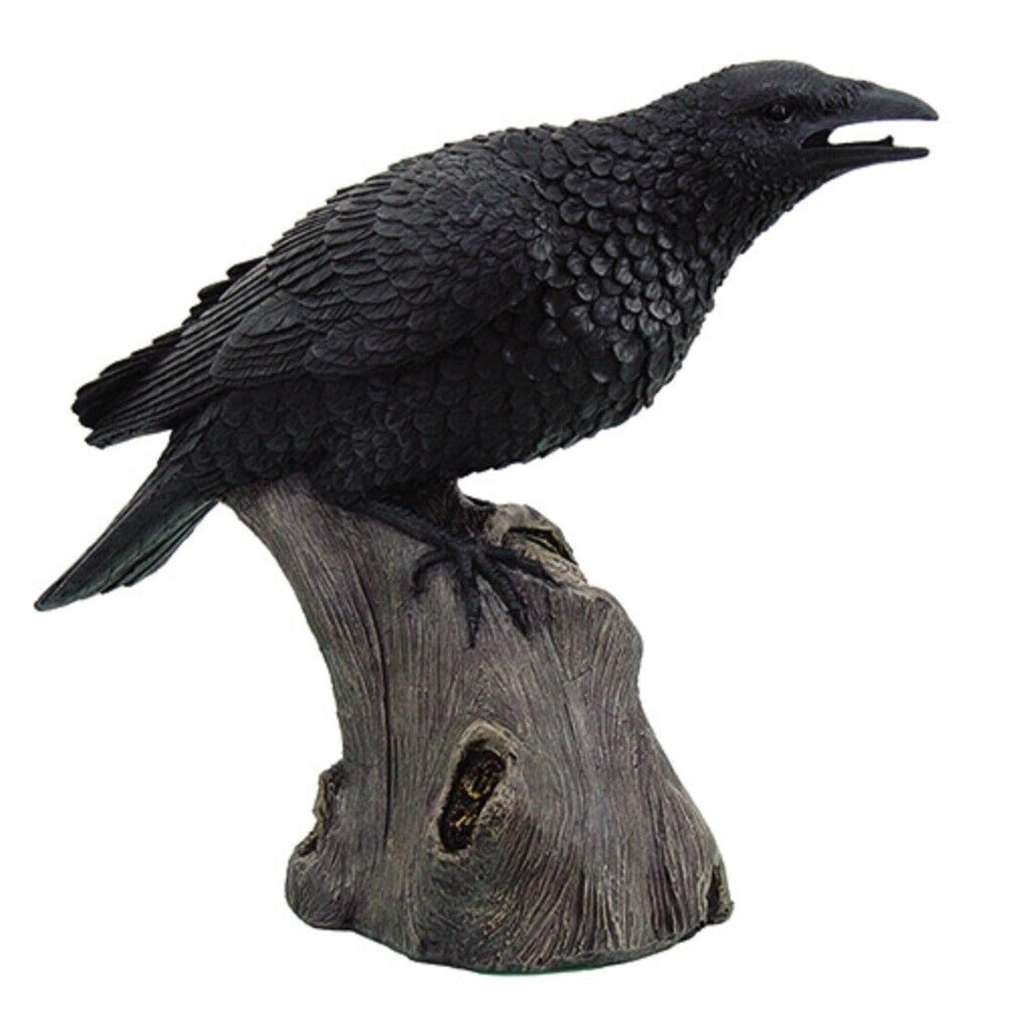Large Black Raven Crow Bird on Tree Stump Statue Figurine 14 inch Tall
