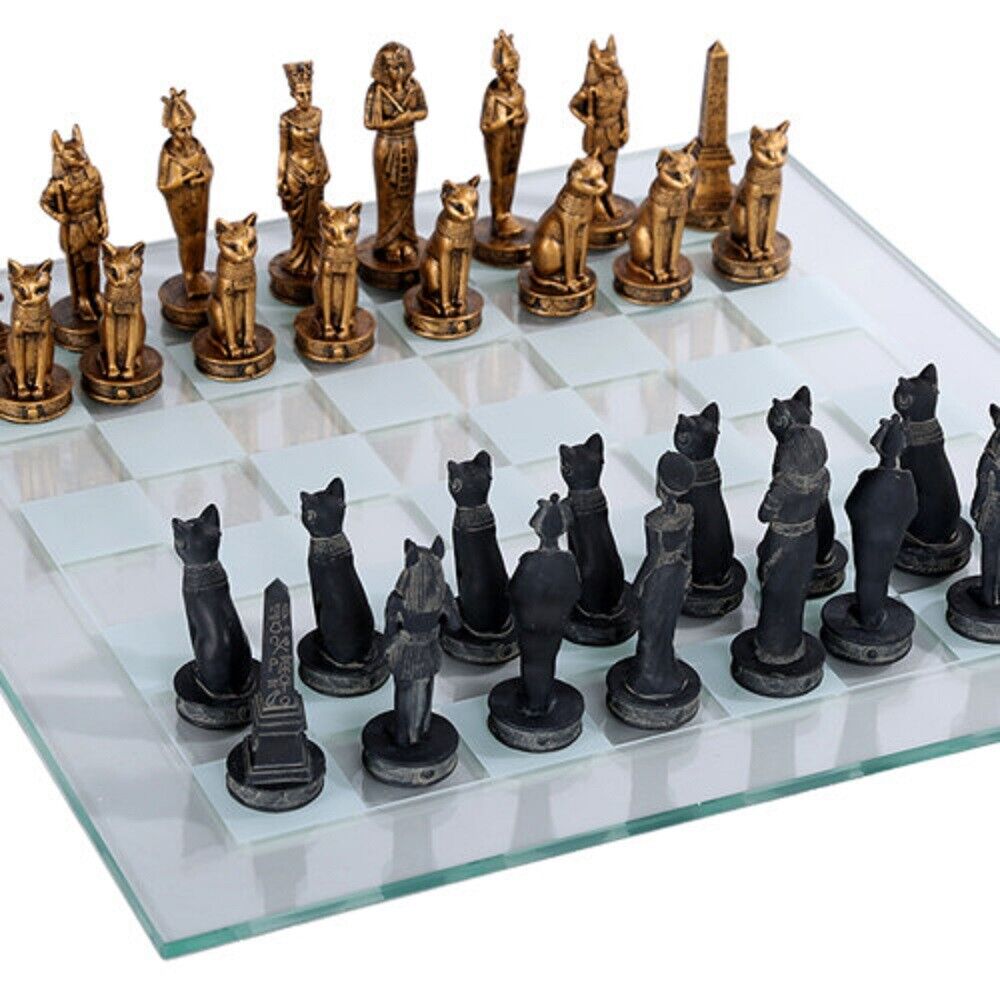 Gold and Black Ancient Egyptian God Kingdom Civil War Chess Set with Glass Board 17 x 17 inch