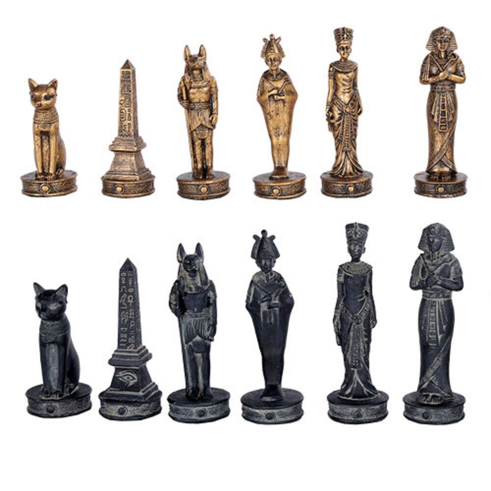 Gold and Black Ancient Egyptian God Kingdom Civil War Chess Set with Glass Board 17 x 17 inch