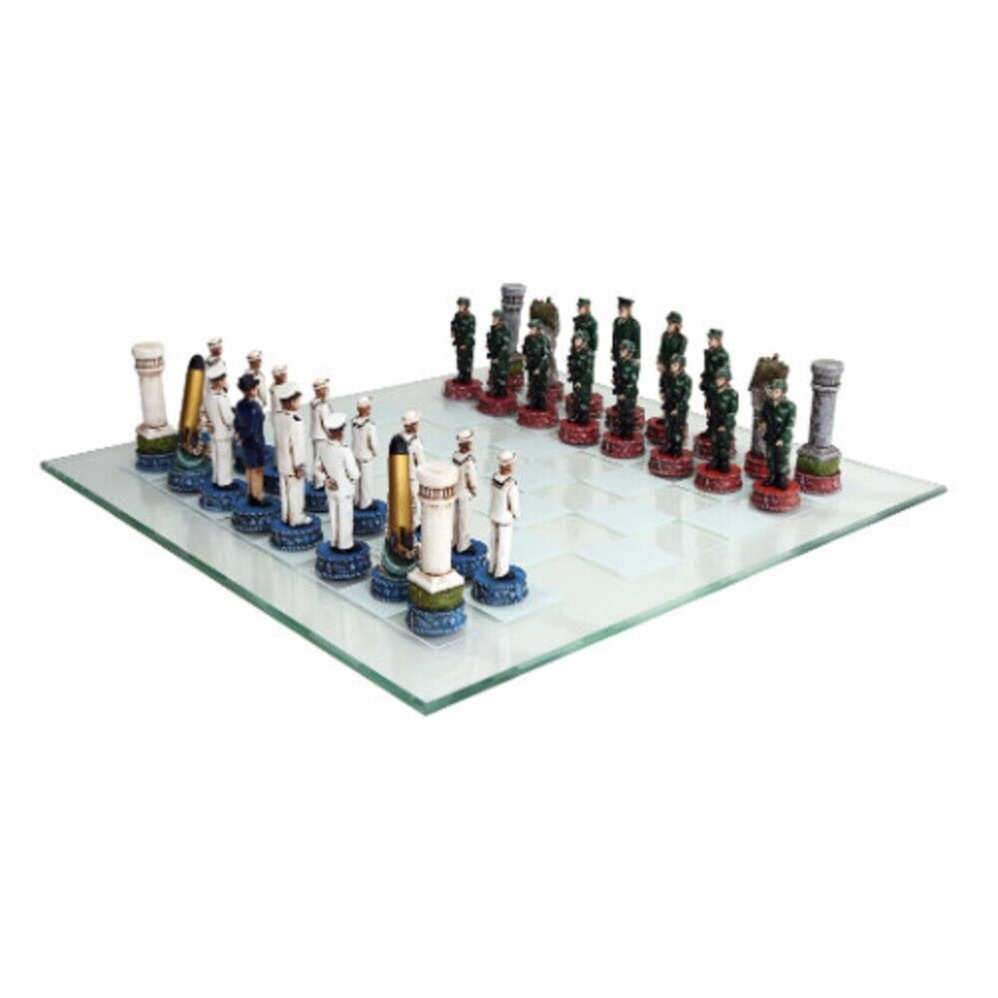 US Army vs Navy Military Chess Set Hand Painted with Glass Board 17 x 17 inch
