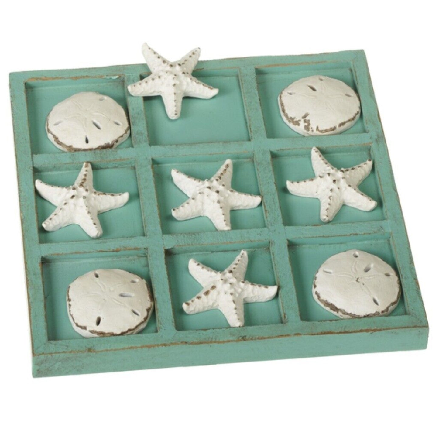 Starfish and Sand Dollar Tic Tac Toe Game Board Wood Teal White