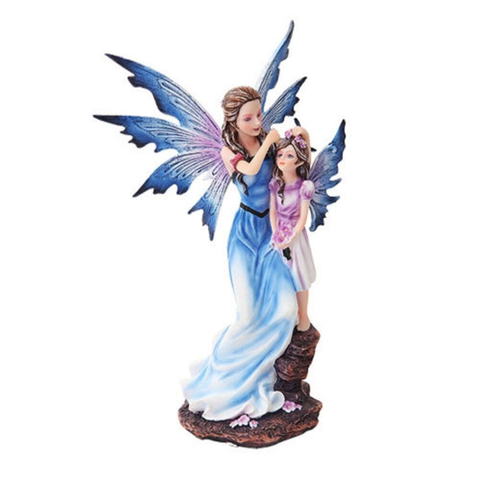 9 Inch Mother and Young Girl Blue Winged Fairy Statue Figurine