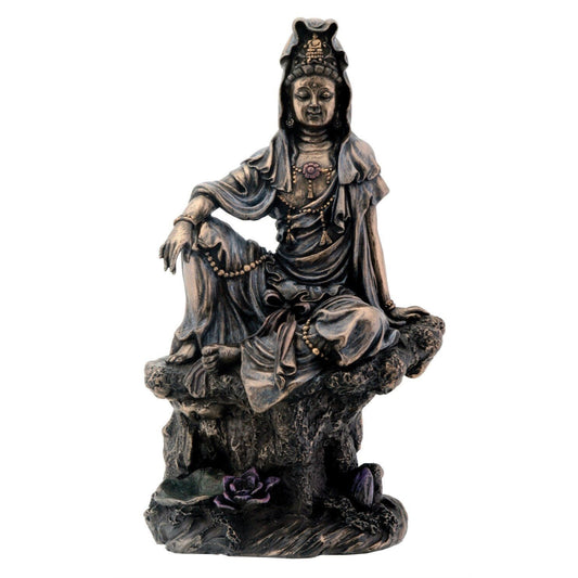 7 Inch Bronze Color Water And Moon Kuan Yin Buddhism Statue Figurine