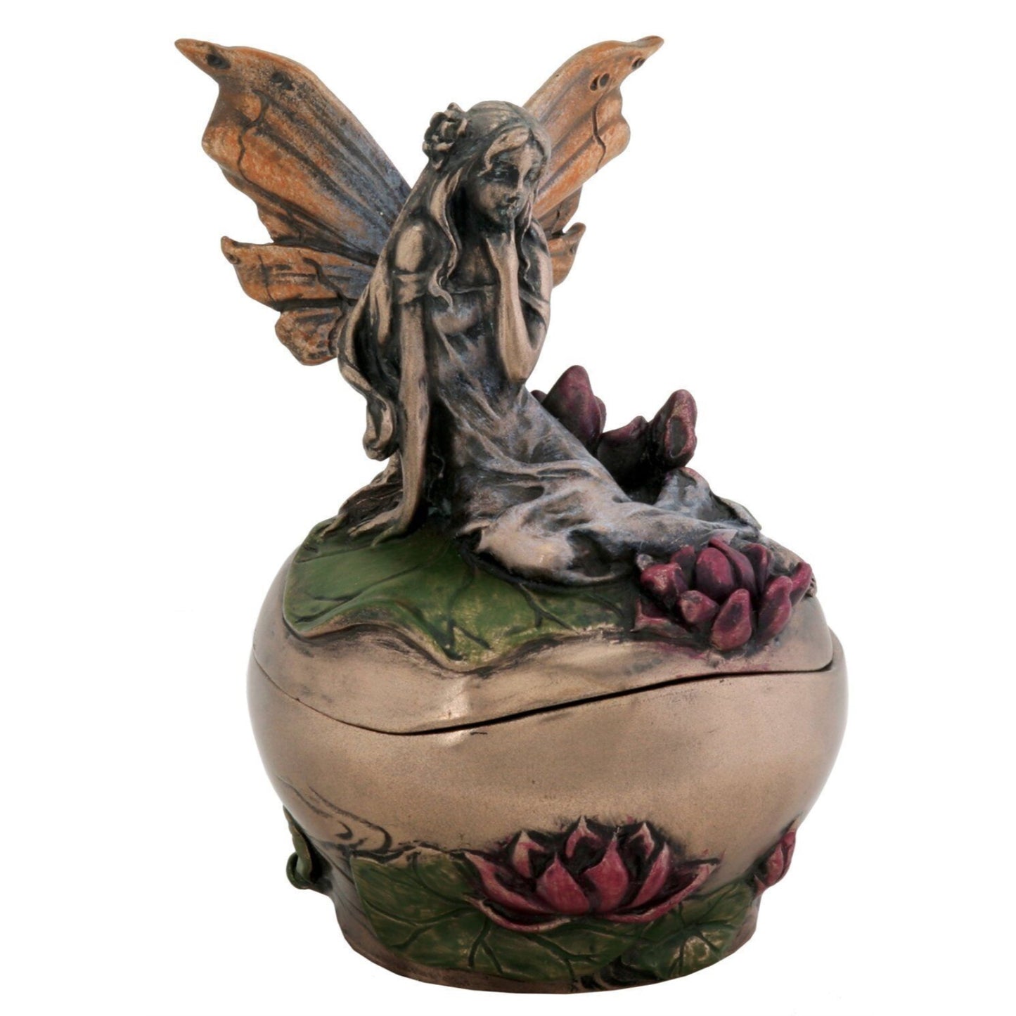 Pondering Fairy on Lotus Fantasy Art Nouveau Michelle Jewelry Trinket Box 3 inch