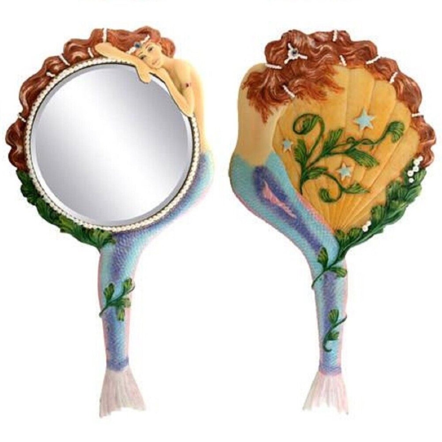 Mermaid on Seashell with Kelp Hand Mirror Vanity Beauty Accessory Fantasy 11 inch